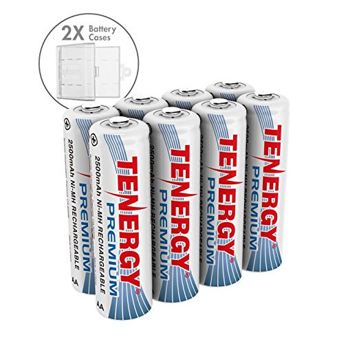 8 count of Tenergy Premium rechargeable AA battery with 2500mAh capacity, designed as a reliable high-capacity NiMH power source for household electronics.