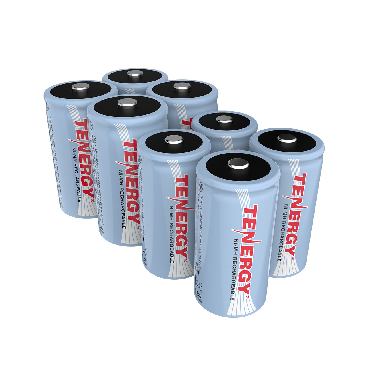 An eight-pack of Tenergy D batteries with a NiMH rechargeable design for high-capacity power in bulk household supplies.