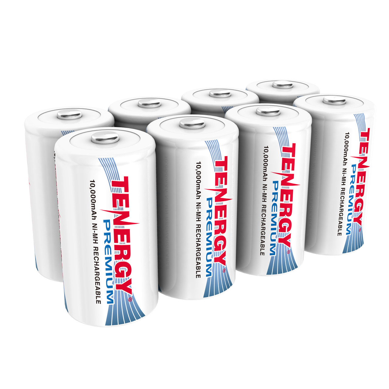 8 count of Tenergy Premium D batteries with 10000mAh high capacity for emergency kits and heavy-duty appliances.