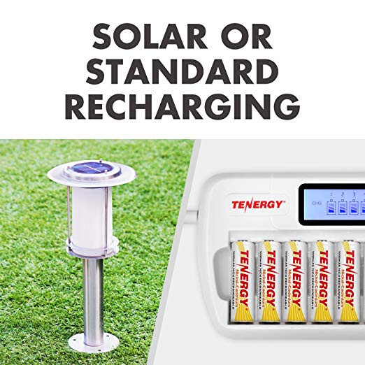 Versatile rechargeable batteries support solar or standard charging methods for flexible energy management in home lighting systems.