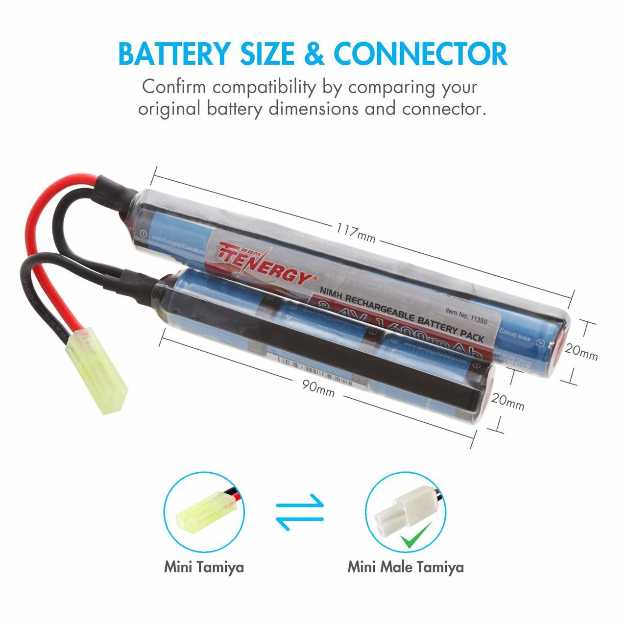 Battery dimensions diagram showing Mini Tamiya connectors for precise airsoft gear fitting.