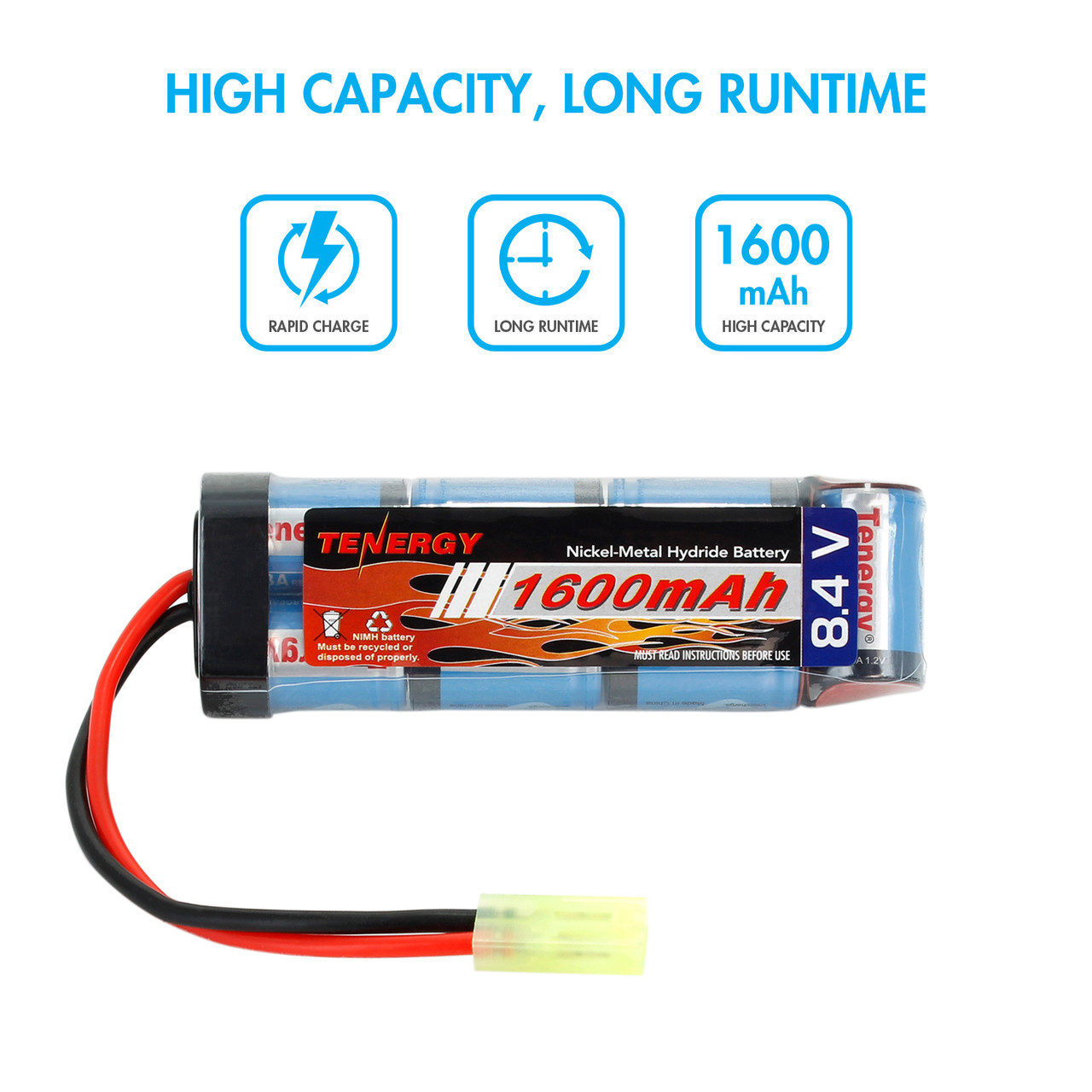 High capacity 1600mAh NiMH battery provides long runtime for electric airsoft rifles.
