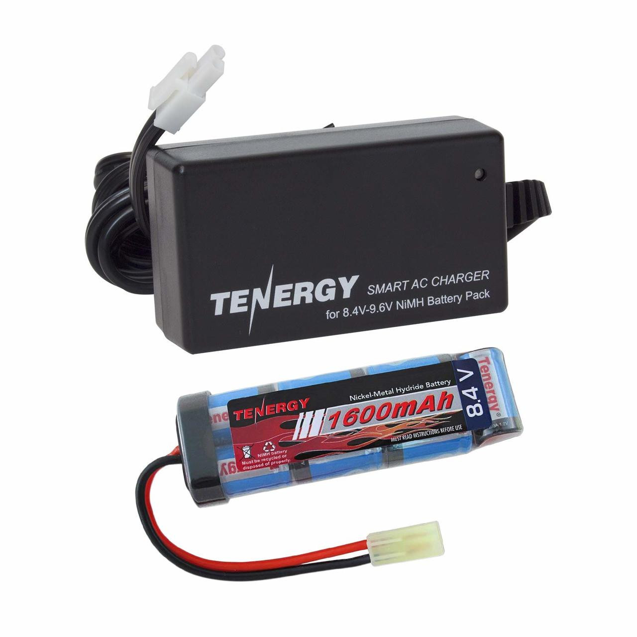 Tenergy smart AC charger and 8.4V NiMH battery combo for tactical airsoft equipment.