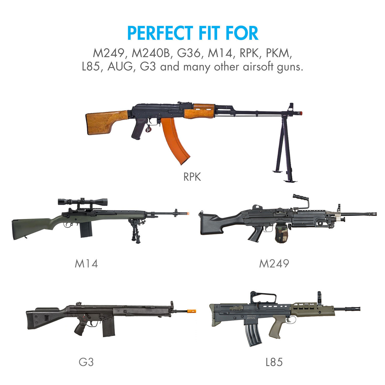 Various airsoft guns like RPK and M14 show compatibility with this high-performance airsoft battery pack.