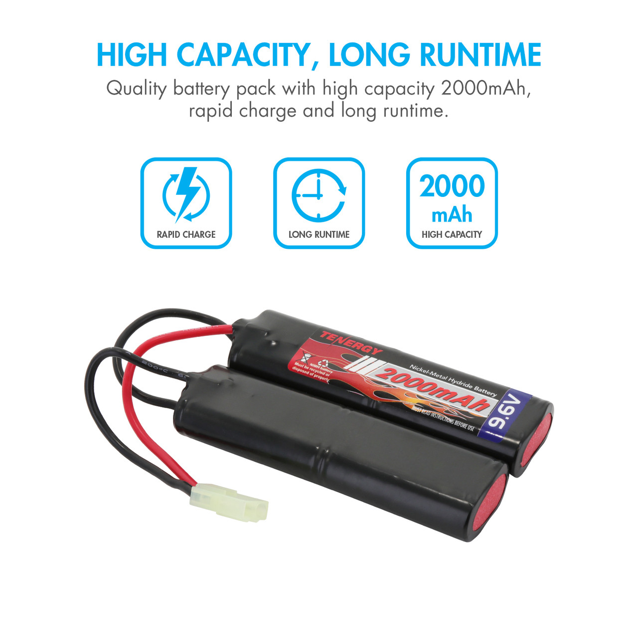 A Tenergy 9.6V 2000mAh NiMH battery offers high capacity and long runtime for competitive airsoft players.