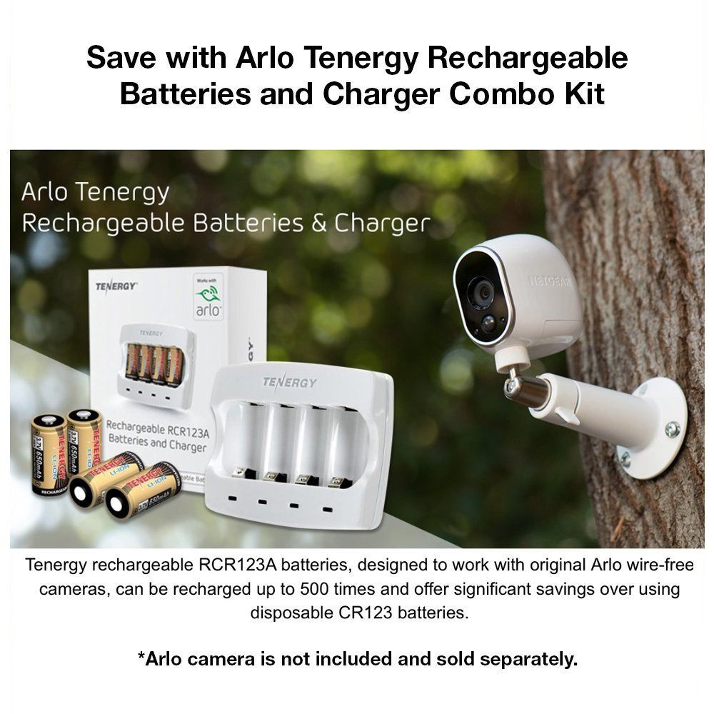 Tenergy rechargeable battery and charger combo kit installed next to an outdoor security camera.