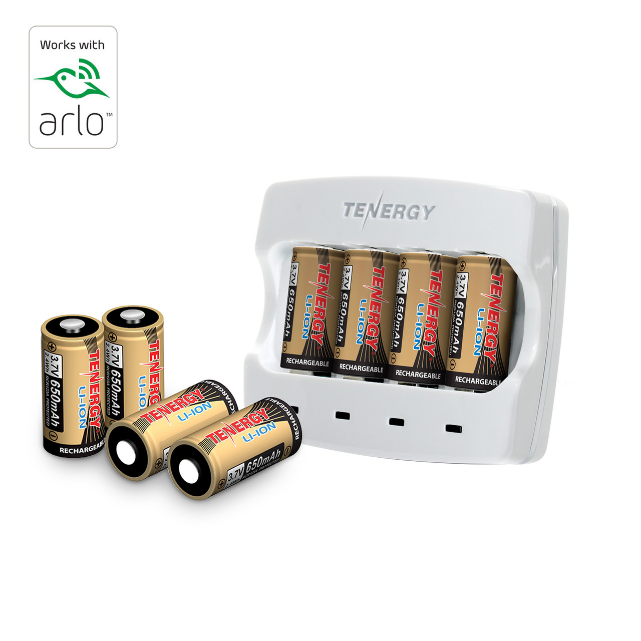 Four-slot Li-ion charger pictured with an 8-pack of  Tenergy RCR123A 650mAh batteries for home surveillance.