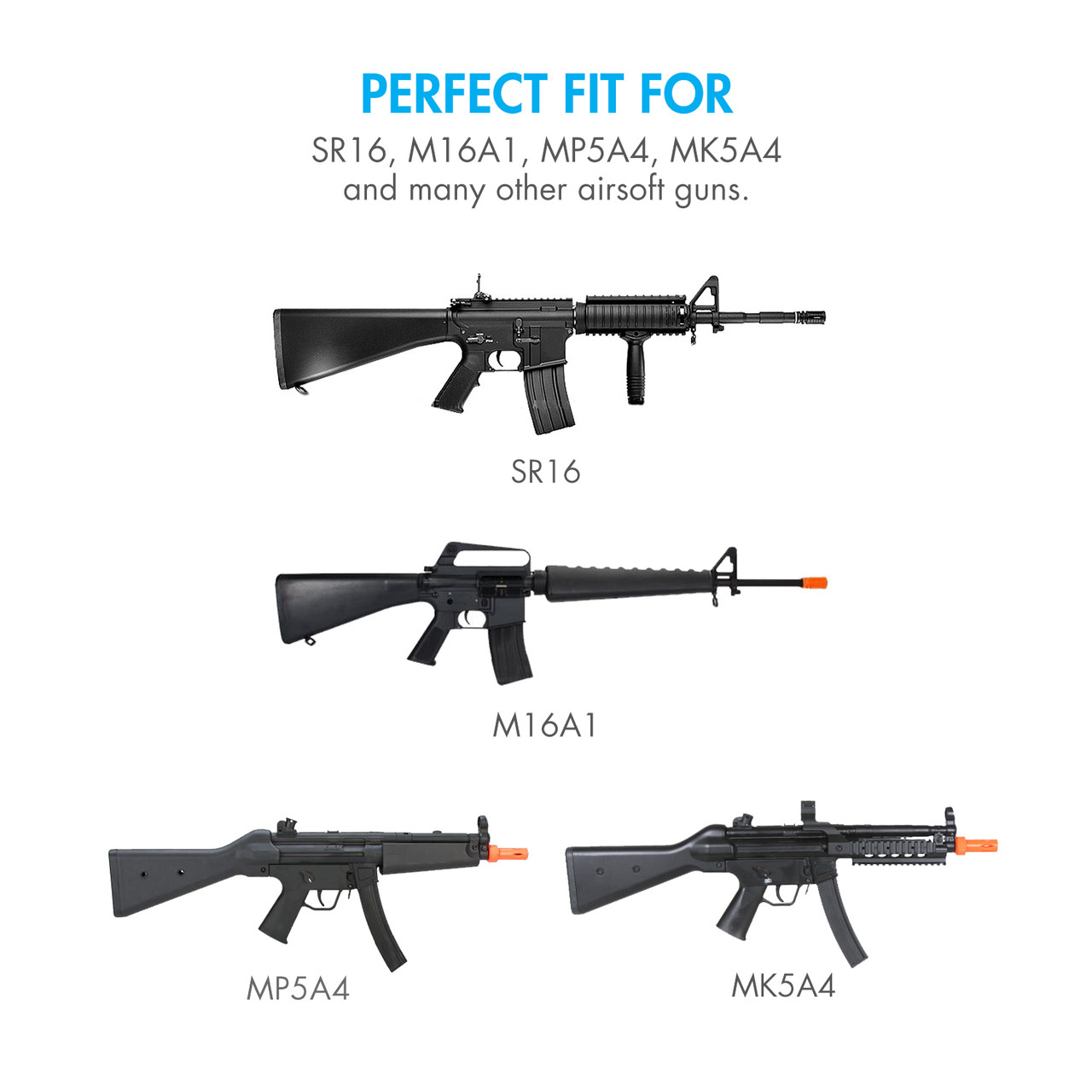 Large capacity airsoft battery shown with compatible SR16 and M16A1 rifle models for extended field gameplay.