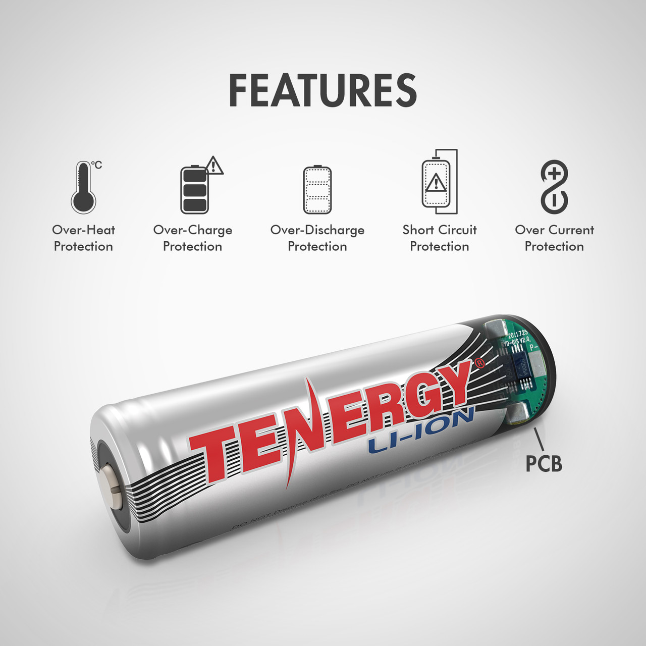 Tenergy protected 18650 battery with an integrated PCB and over-heat protection for electronics enthusiasts.