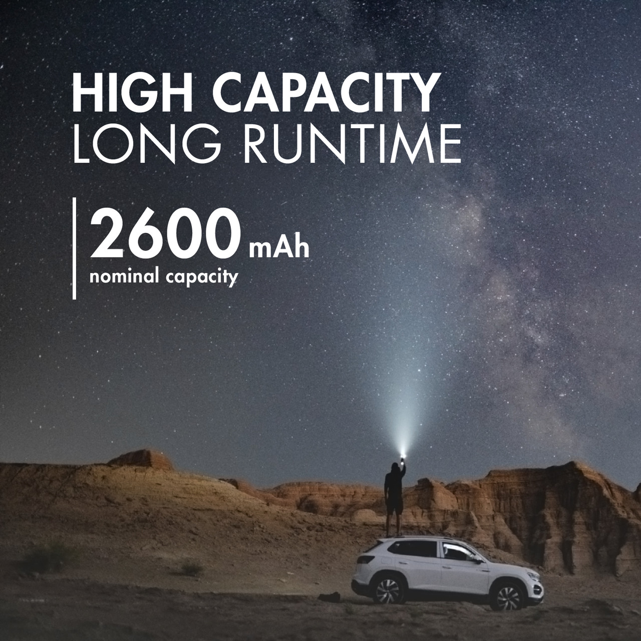 High capacity 2600mAh 18650 battery providing long runtime for high-powered flashlights used by outdoor explorers.