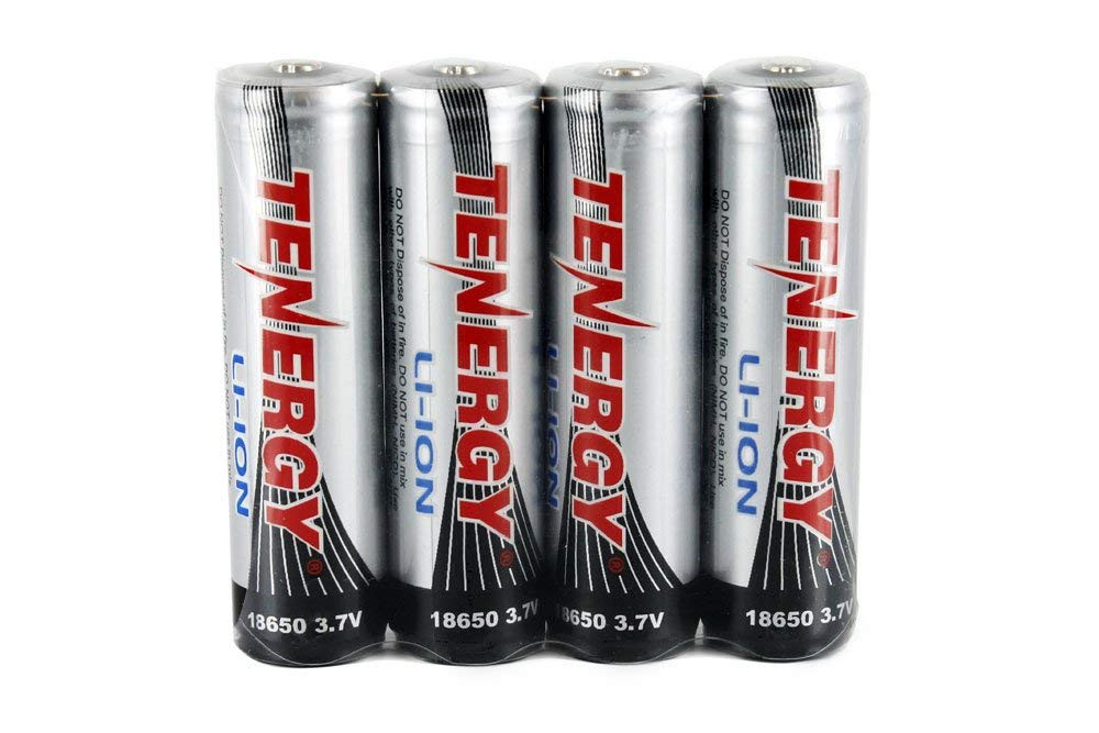 Four Tenergy 18650 3.7V batteries featuring Li-ion technology for high-drain electronic devices.