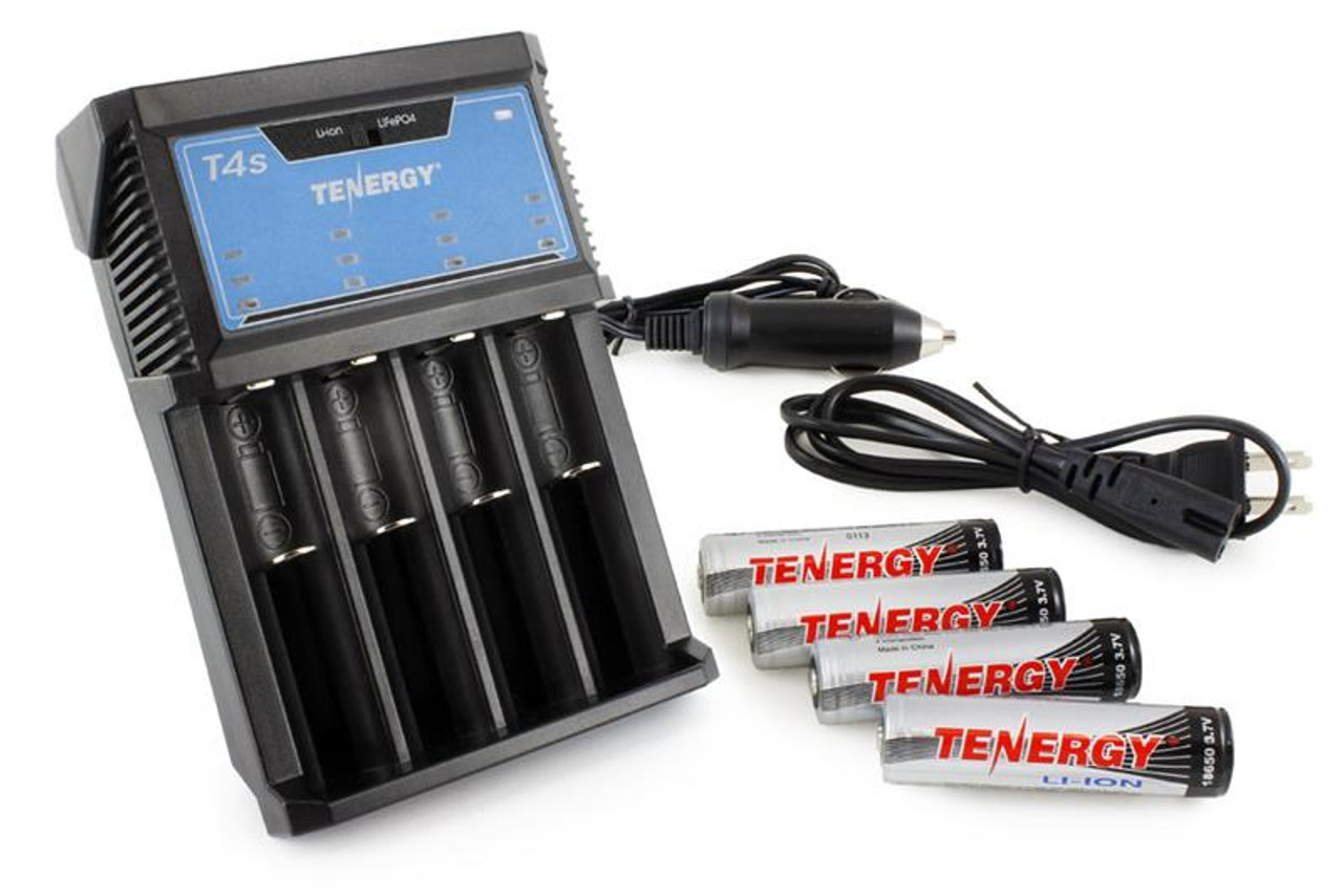 Combo Tenergy T4S 4-Bay Universal Charger + 4X 18650 2600mAh Li-Ion Button Top Rechargeable Batteries