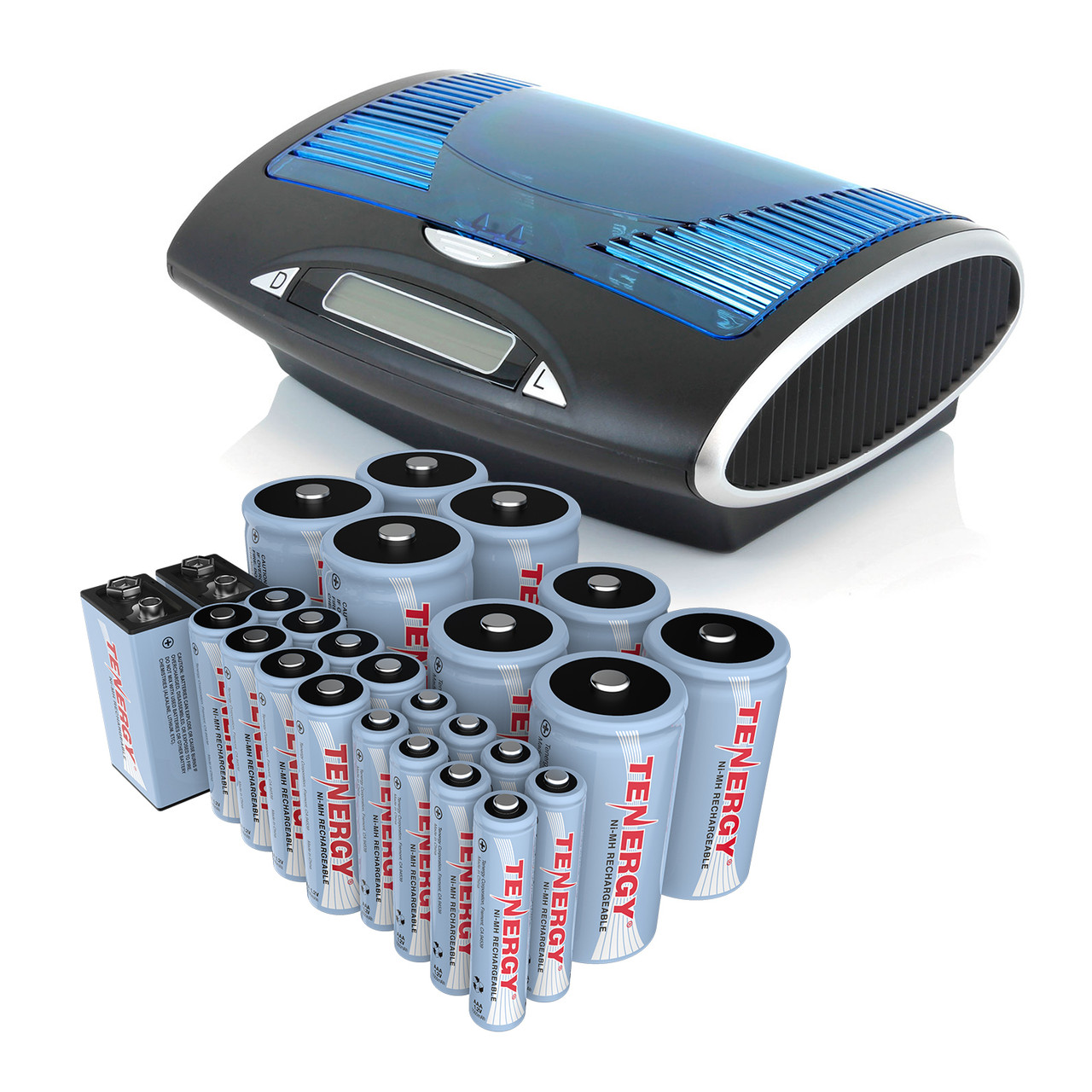 Tenergy smart charger with a bulk NiMH battery set for power users managing many household electronics.