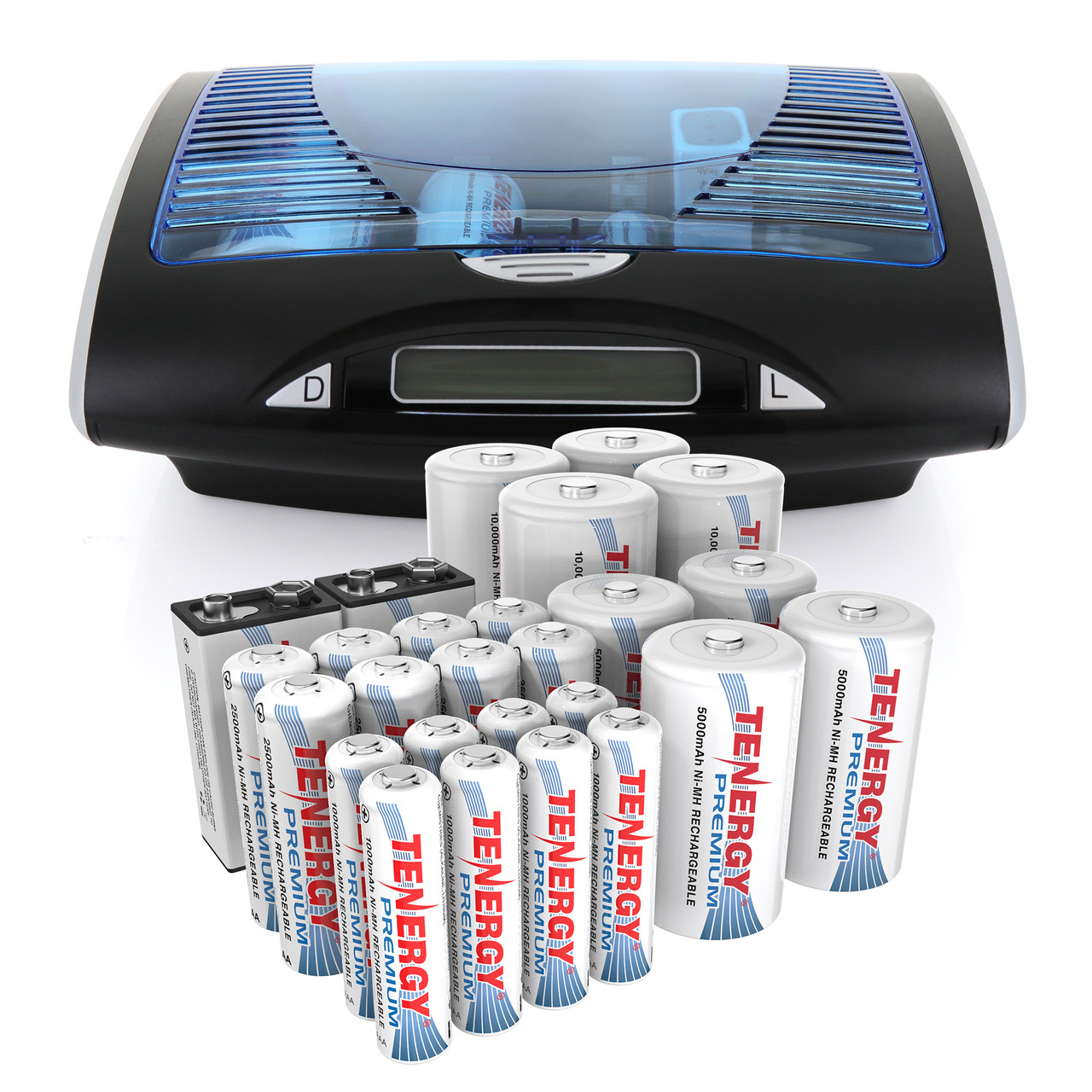 Tenergy smart charger with a bulk NiMH battery set for power users managing many household electronics.