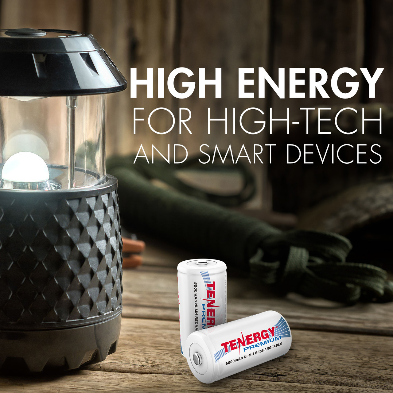 High energy NiMH batteries powering smart devices and LED lanterns for high-tech outdoor enthusiasts.