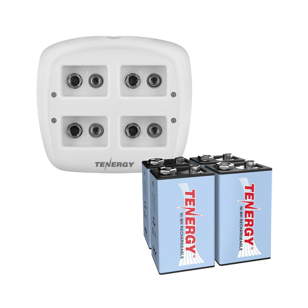 Four-slot Tenergy charger including  a set of 4 high-performance NiMH 9V batteries for convenient household energy needs.
