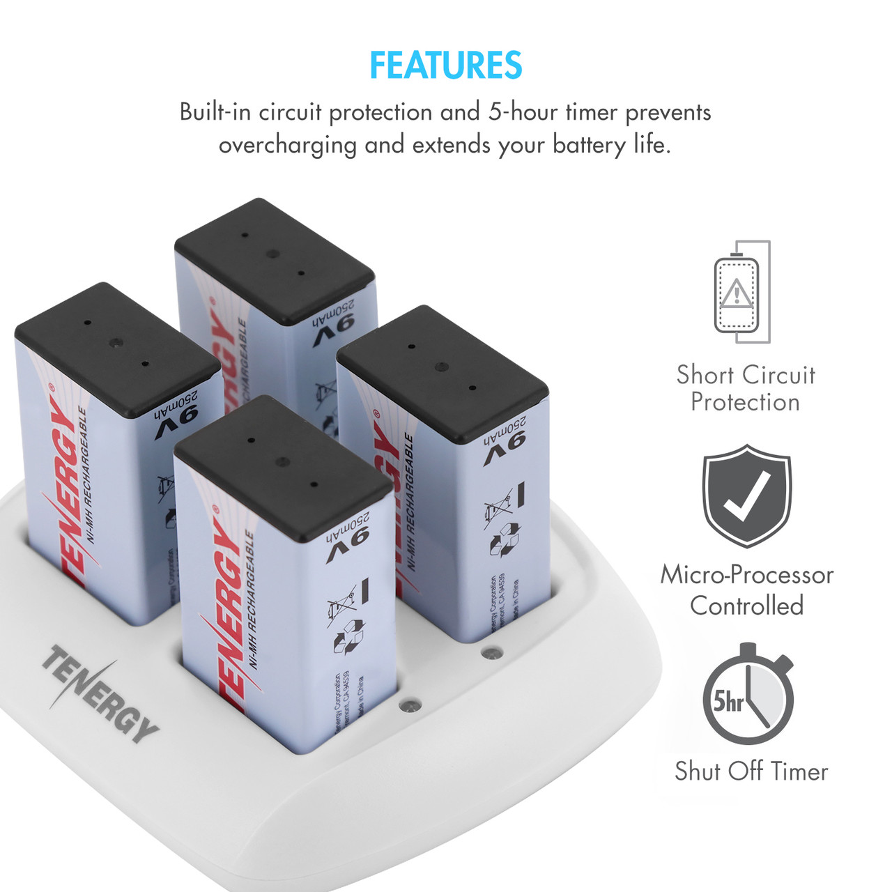 Tenergy 9V battery charger showing built-in circuit protection and a shut-off timer for reliable power management.