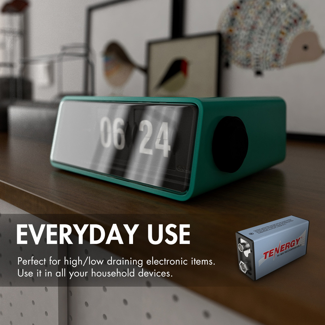 Versatile NiMH 9V battery powering a digital alarm clock, ideal for high and low draining electronic items.