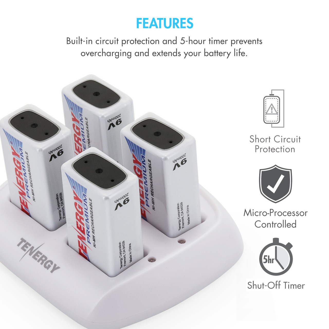 Tenergy 9V battery charger with microprocessor control ensures efficient power management for high-capacity rechargeable batteries.
