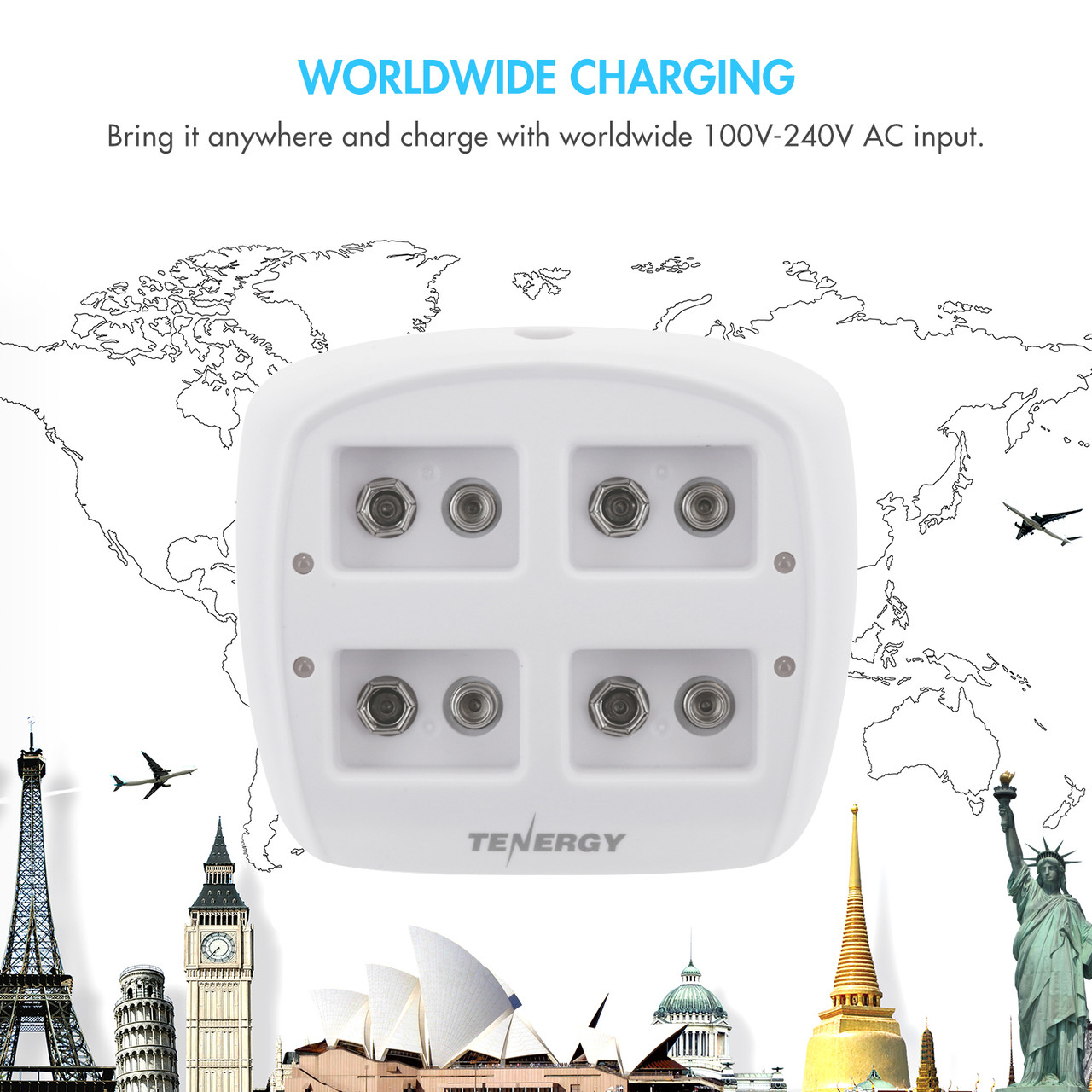 Universal 9V battery charger with worldwide voltage compatibility for international travelers requiring a portable power solution.