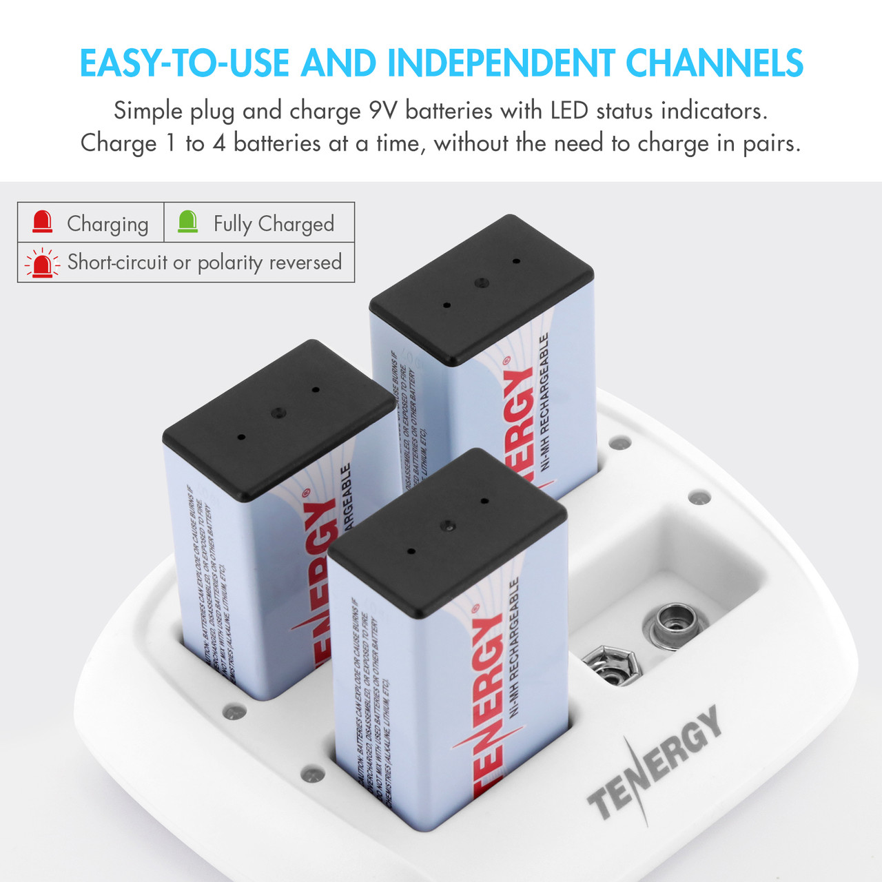 This smart battery charger utilizes independent channels and LED indicators to monitor up to four 9V batteries at once.
