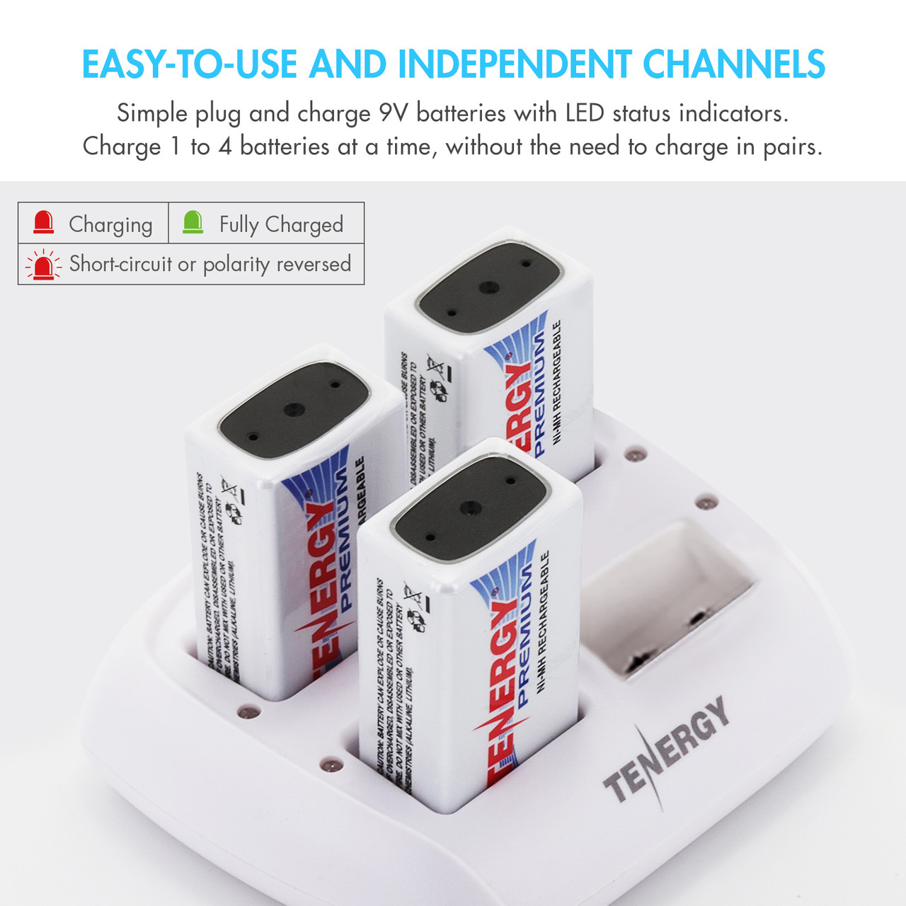 Tenergy 9V battery charger with independent channels for recharging 1 to 4 NiMH batteries simultaneously.