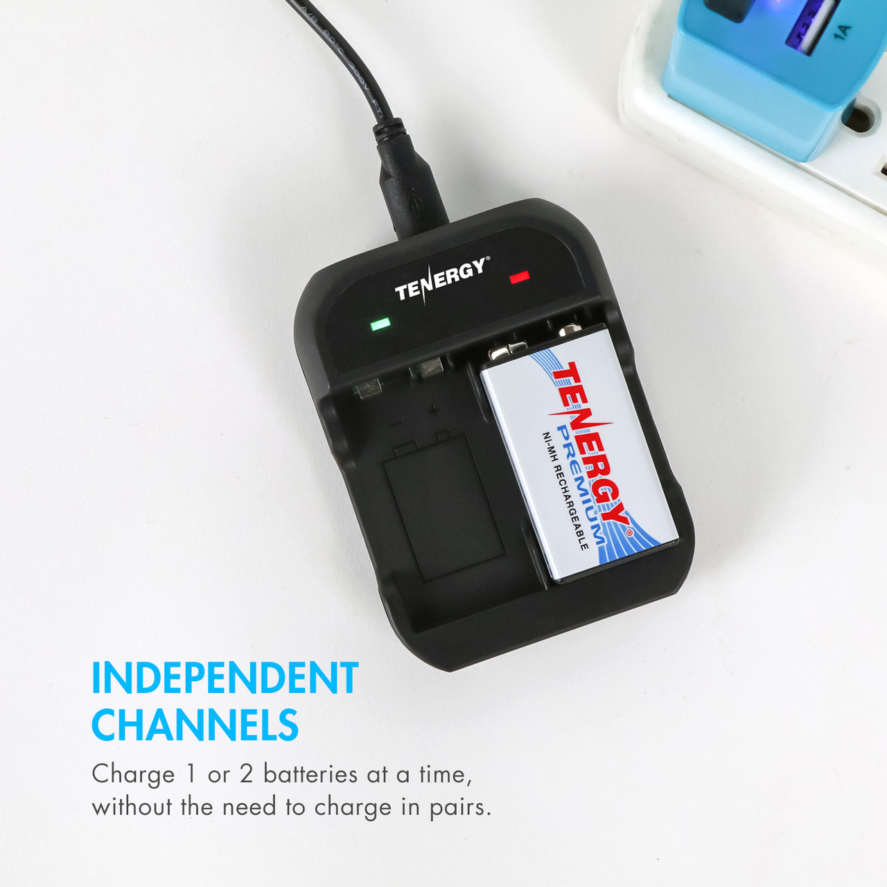 Compact USB charger with independent channels to charge 1 or 2 high capacity batteries for smart home devices.
