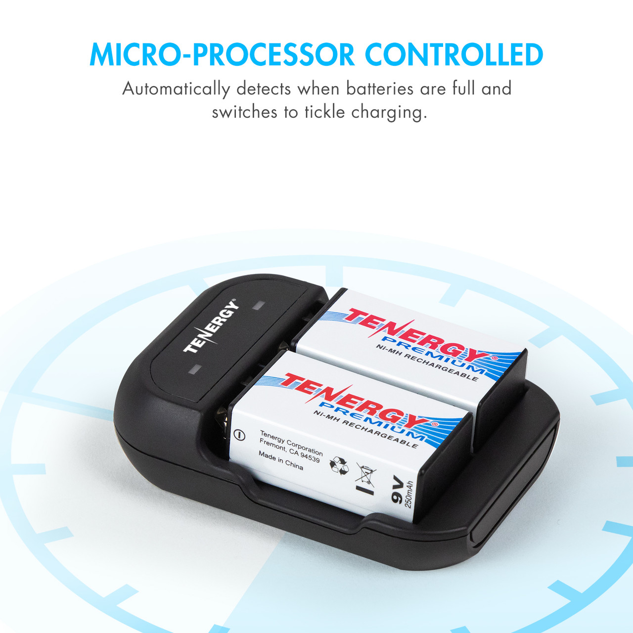 Microprocessor controlled battery charger that switches to trickle charging once it detects these 250mAh units are full.