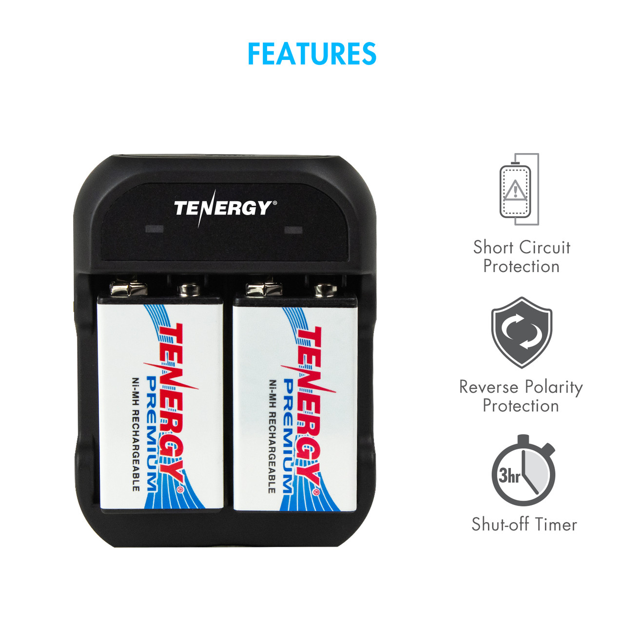 Tenergy 9V charger featuring a shut-off timer and reverse polarity protection for reliable NiMH battery maintenance.