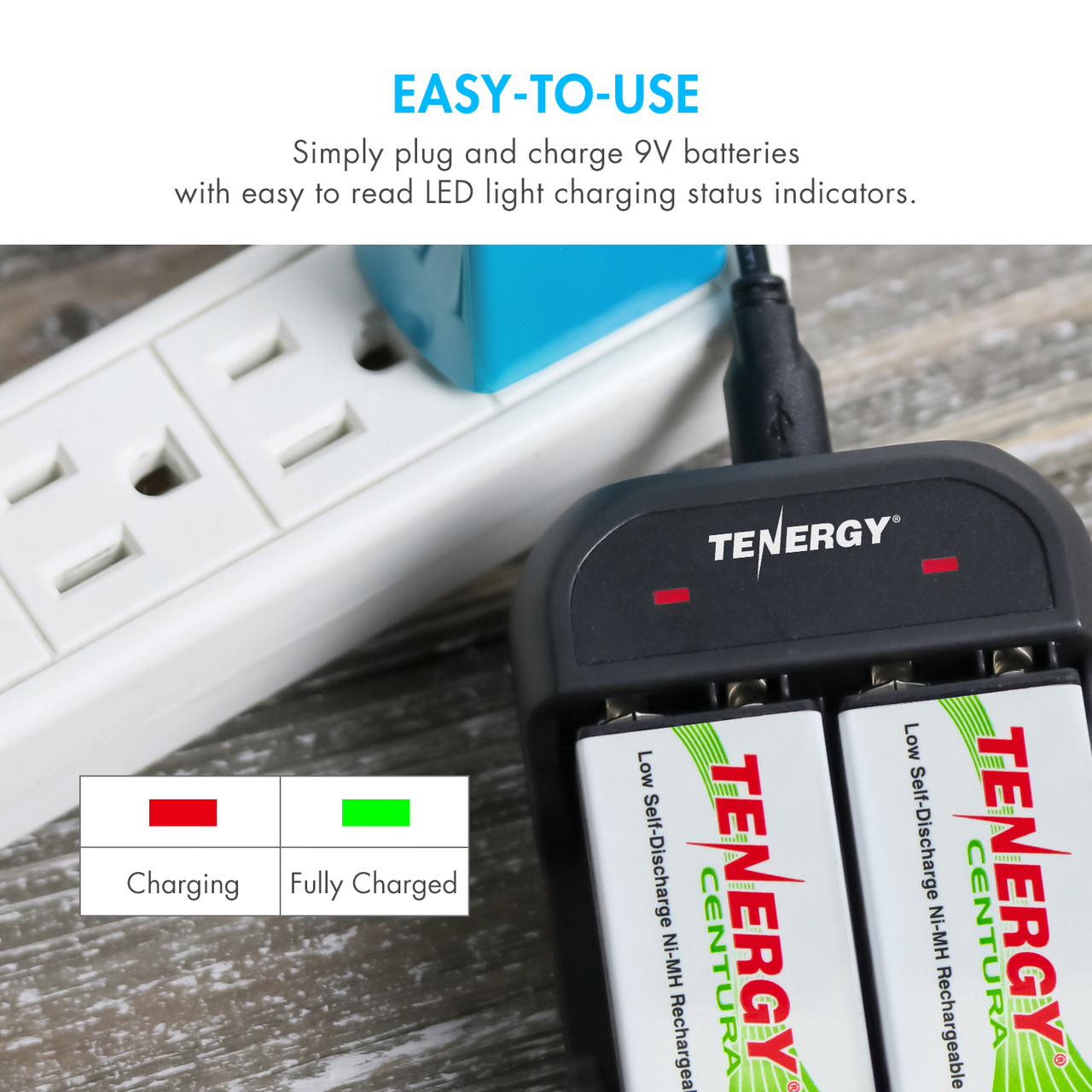 Tenergy 9V charger featuring LED status indicators for clear visibility during the recharging process of NiMH batteries.