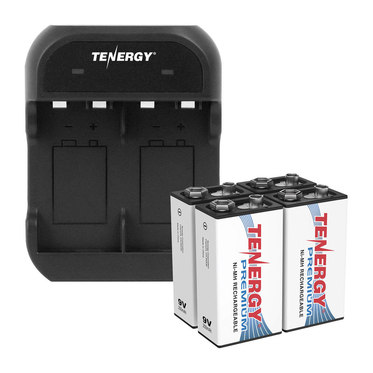 Tenergy 9V battery charger kit including four 250mAh NiMH batteries to replace standard alkaline cells in electronics.