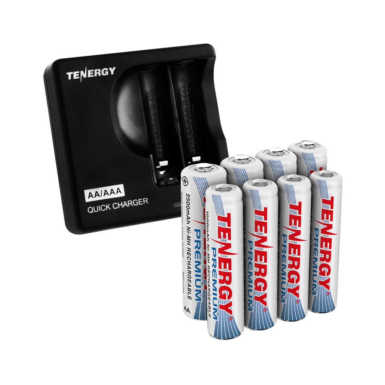 Tenergy AA/AAA quick charger with 4AA 4AAA rechargeable NiMH batteries for high-drain household devices.