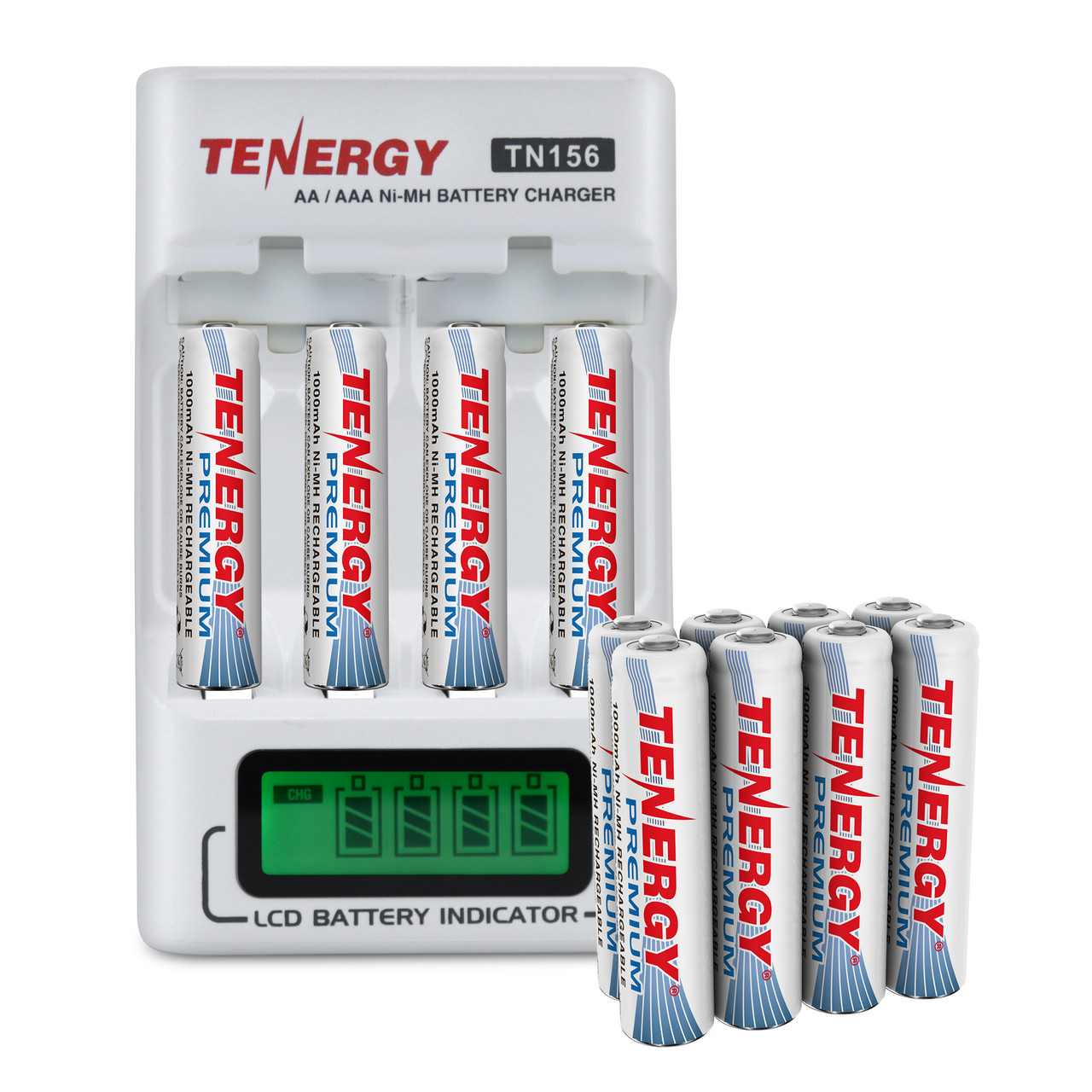 Tenergy TN156 NiMH battery charger with an LCD indicator and ten AAA batteries for home electronics.