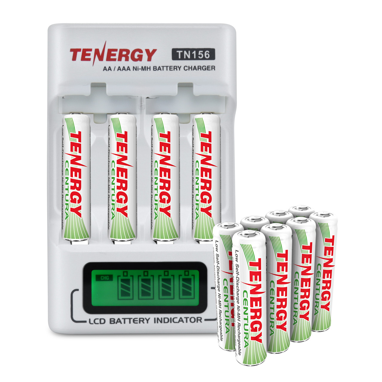Tenergy TN156 NiMH battery charger with an LCD indicator and 12AAA batteries for home electronics.