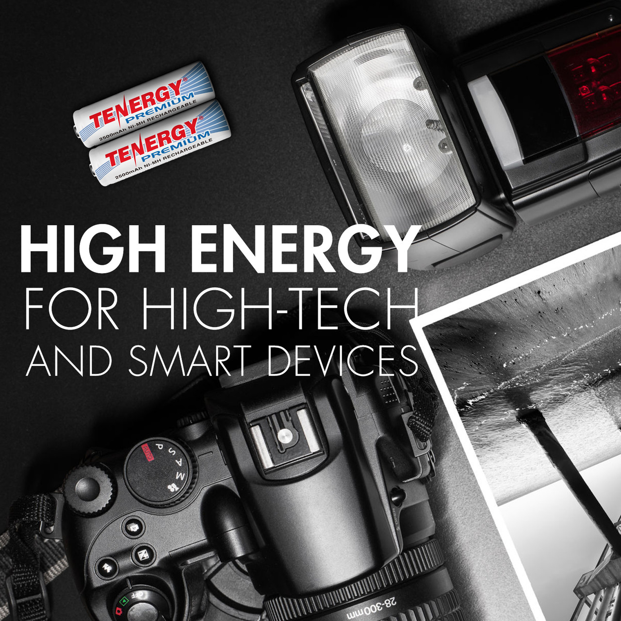 Tenergy Premium rechargeable AA batteries offer high energy output for professional photographers using high-tech smart devices.