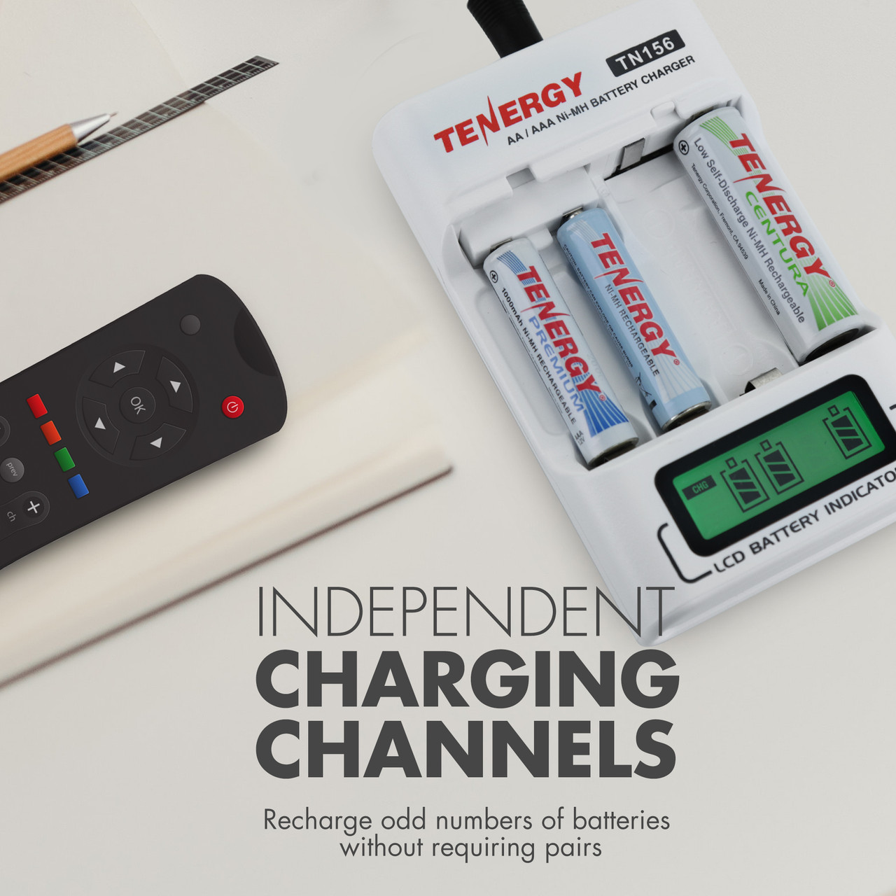 Smart NiMH charger with independent channels to refresh odd numbers of batteries for diverse home office gadgets.
