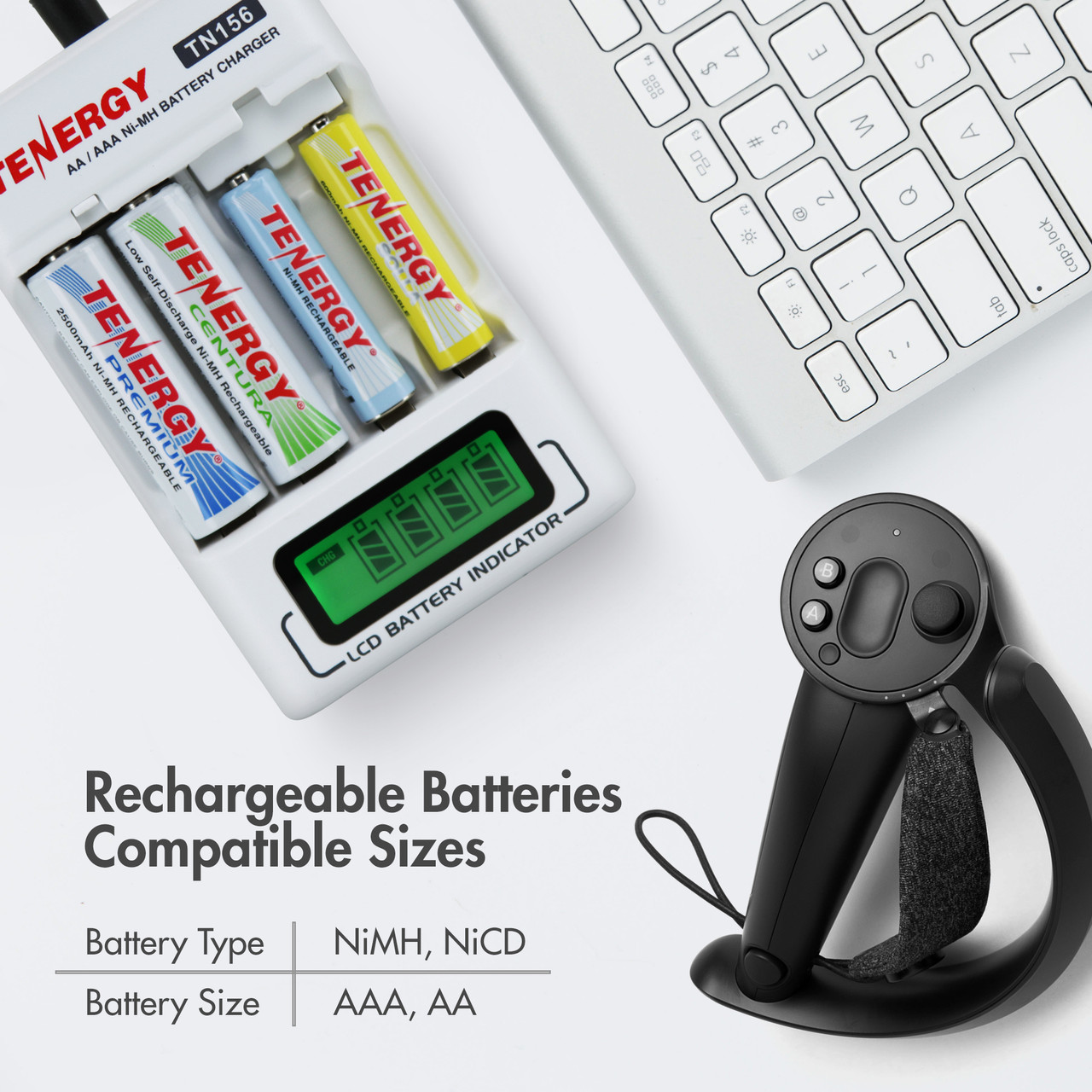 Universal rechargeable battery unit showing AA and AAA compatibility for household electronics and gaming controllers.