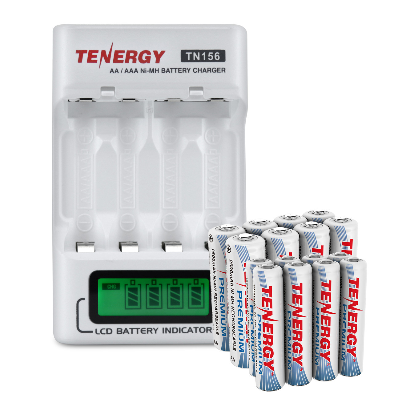 Tenergy TN156 NiMH battery charger with an LCD indicator and 8AA 8AAA batteries for home electronics.