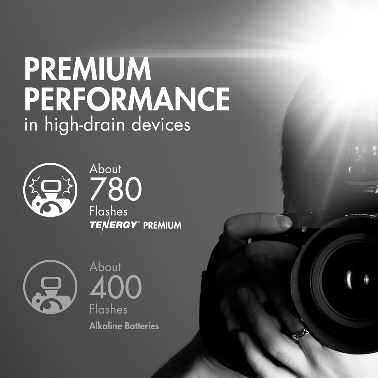 Tenergy Premium NiMH batteries provide superior performance in high-drain devices like digital camera flashes.