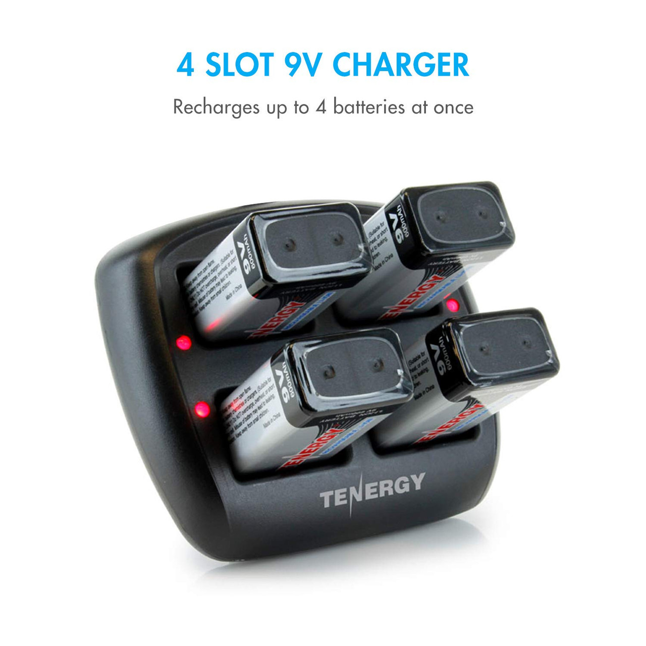 Four-slot 9V charger recharges multiple batteries simultaneously, ideal for users needing a quick power turnaround.