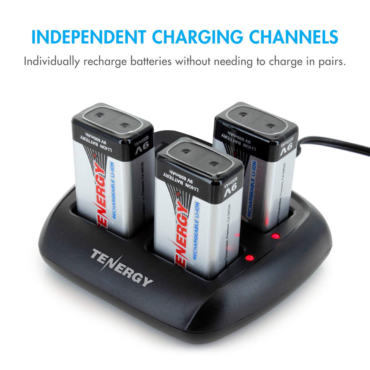 Independent 9V battery charger features independent channels to recharge single batteries for household electronics.