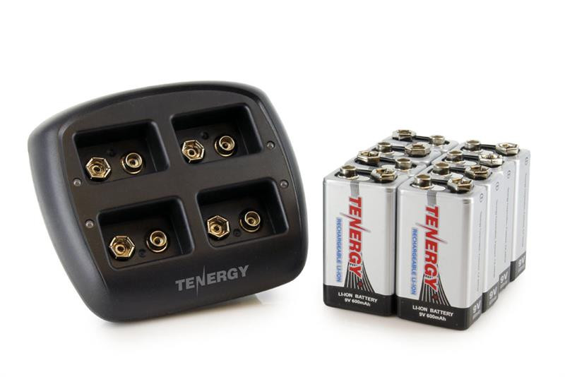 Tenergy 9V 600mAh Li-ion Rechargeable Batteries (4pk) w/ Charger