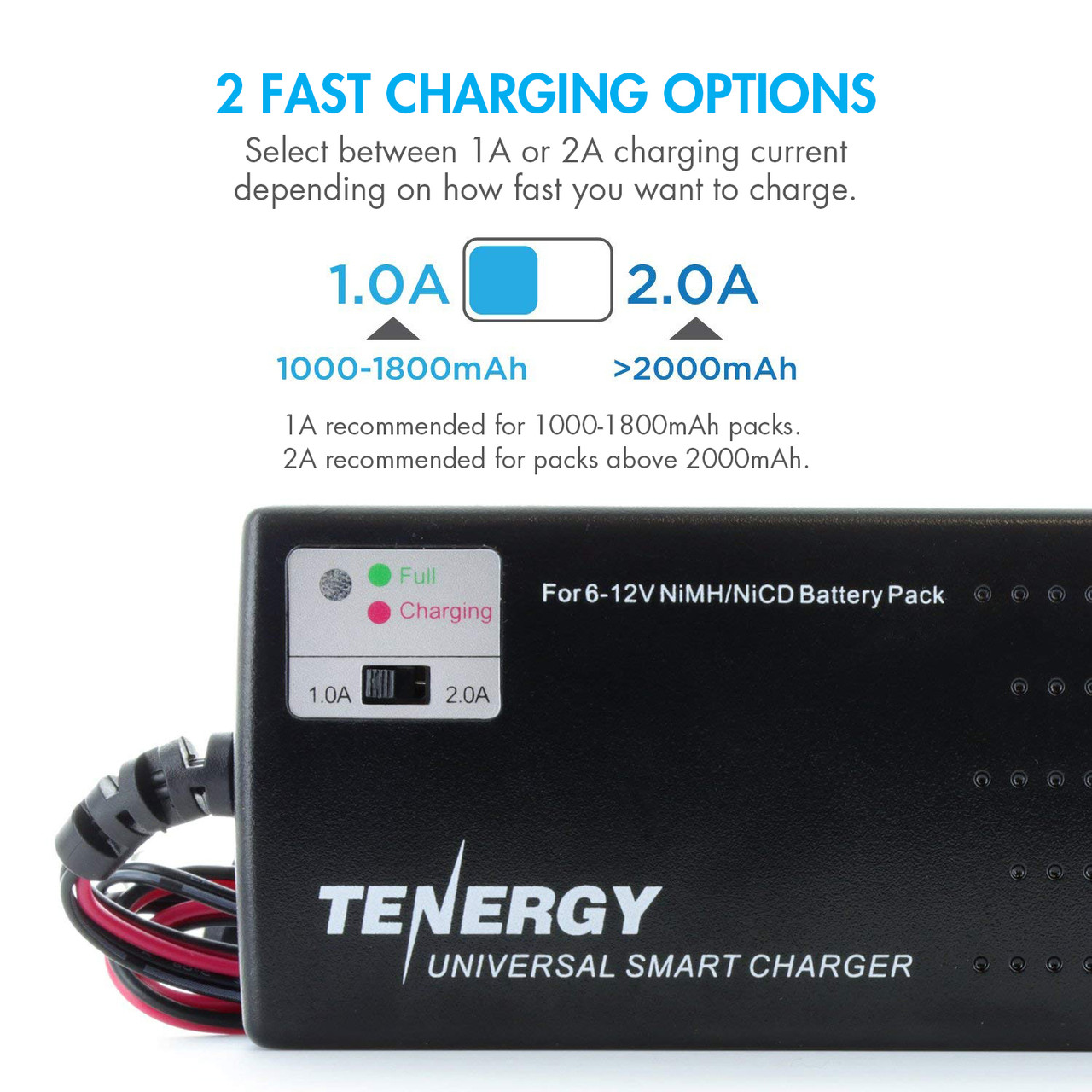 Tenergy smart charger featuring a selectable amperage switch for rapid NiMH battery charging.