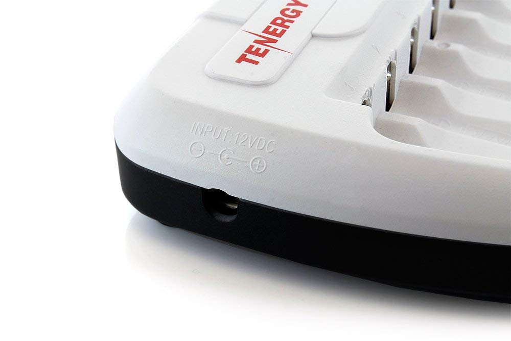 Close-up of the 12VDC input port on a multi-channel battery charger for efficient household power connection.