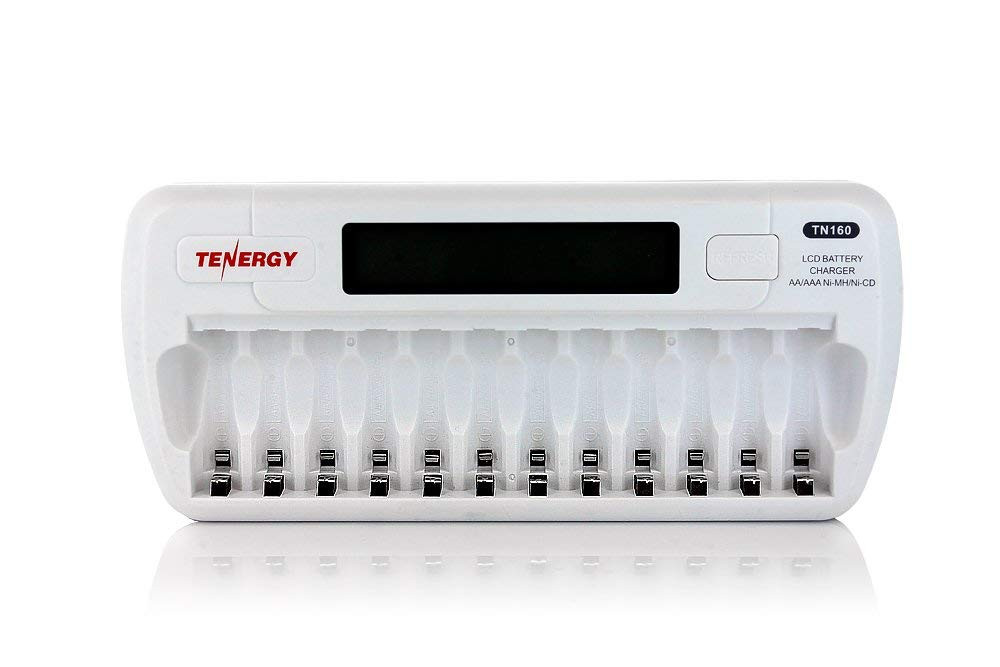 Empty 12-slot smart battery charger showing the individual spring-loaded bays for AA and AAA cell sizes.