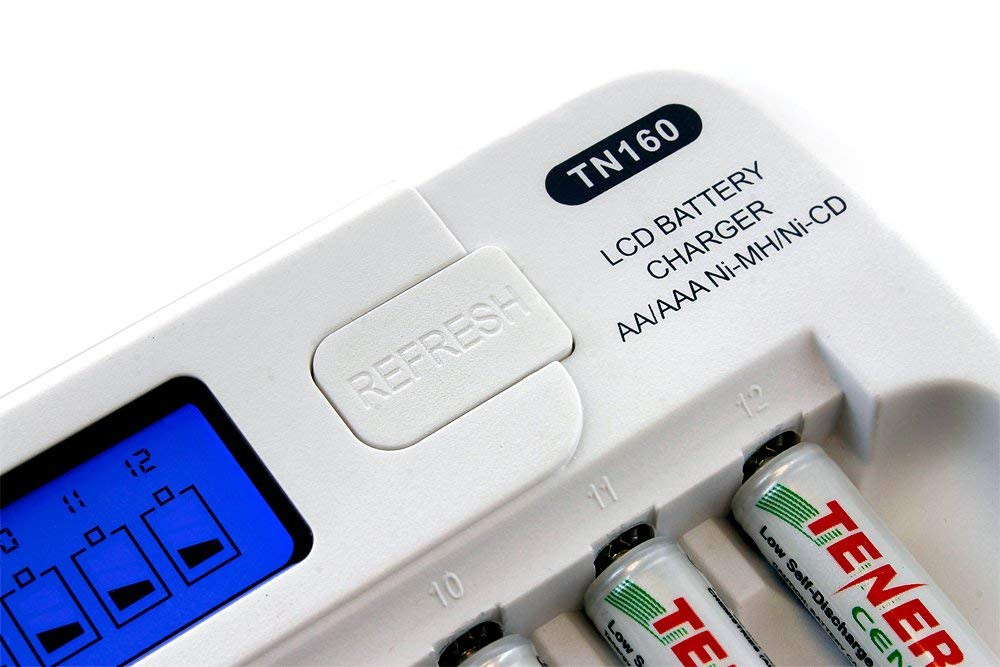 Detail shot of the TN160 refresh button and LCD panel for maintaining peak rechargeable battery performance.