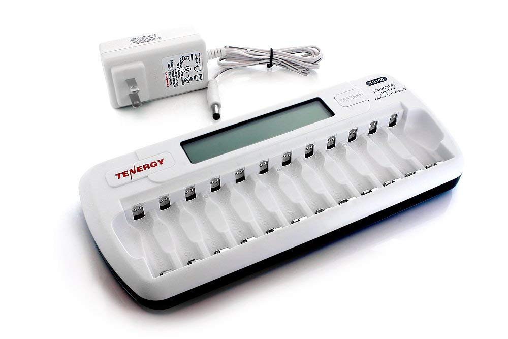 Compact 12-bay smart charger with a 12V DC power adapter designed for high-capacity rechargeable batteries.