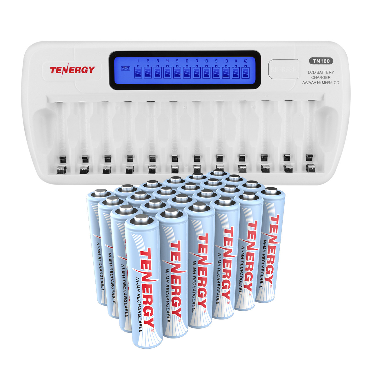 Tenergy TN160 12-slot smart charger fully loaded with blue NiMH batteries for users requiring bulk power solutions.