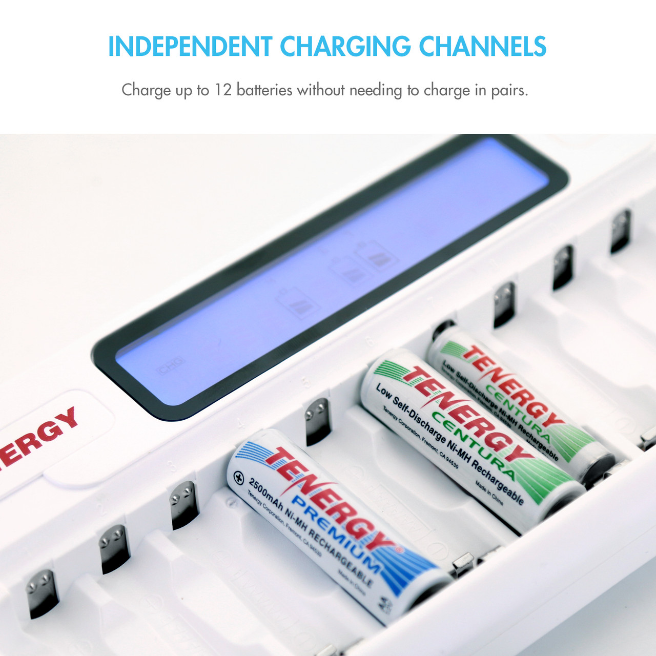 Tenergy rechargeable batteries sitting in independent charging channels to allow for single-cell power management without pairing.