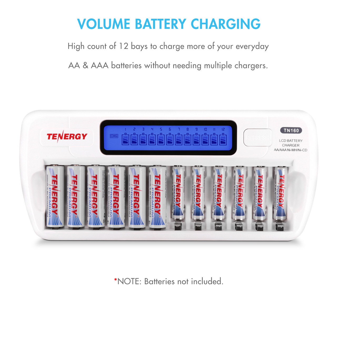 Tenergy TN160 12-bay battery charger displaying various AA and AAA rechargeable batteries for high-volume power needs.